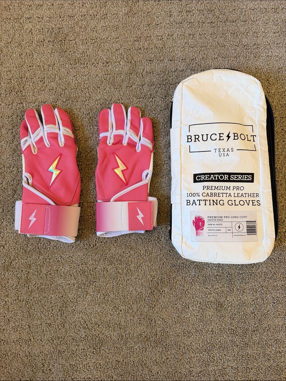 Bruce Bolt Creator Series Pink with White Leather Long Cuff Batting Gloves - YL